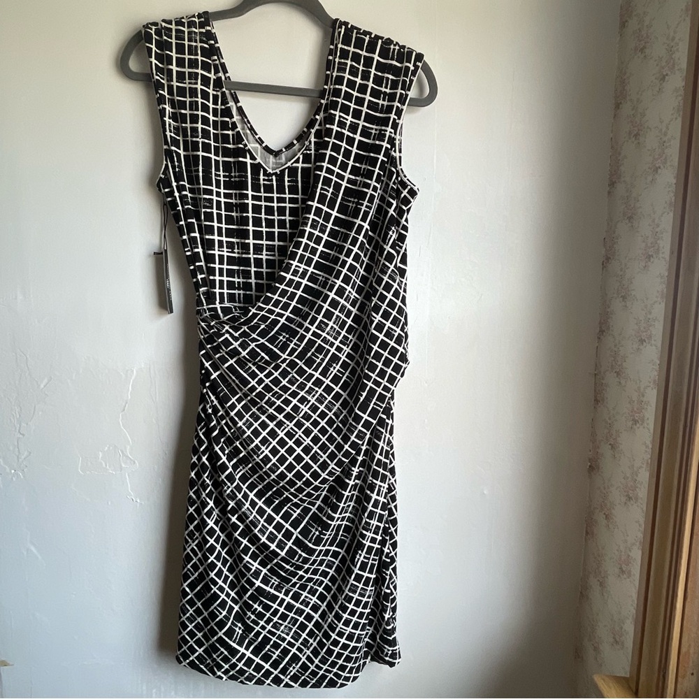 Tart Black and White Asymmetrical Ruched Wrap Dress